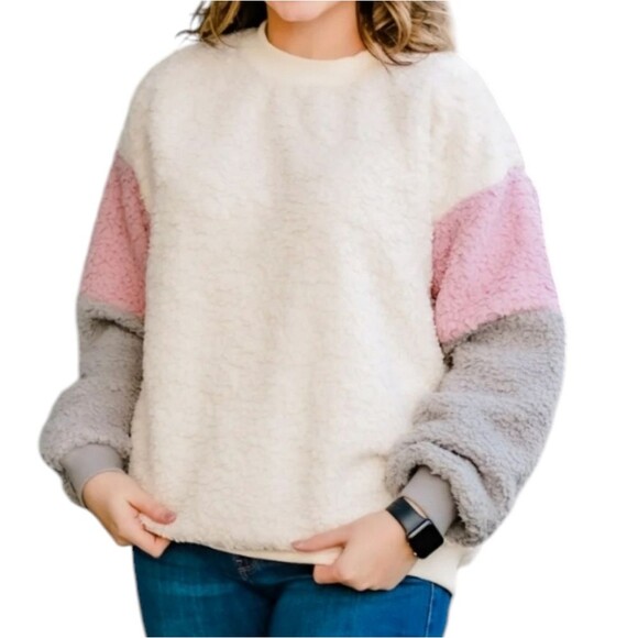 Easel Cuddle Me Time Ivory Pink Gray‎ Sweater Sherpa Fleece Oversized Chunky S - Picture 1 of 14